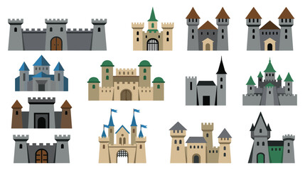Set of colorful flat design castles and fortresses on white background. © jubayer71