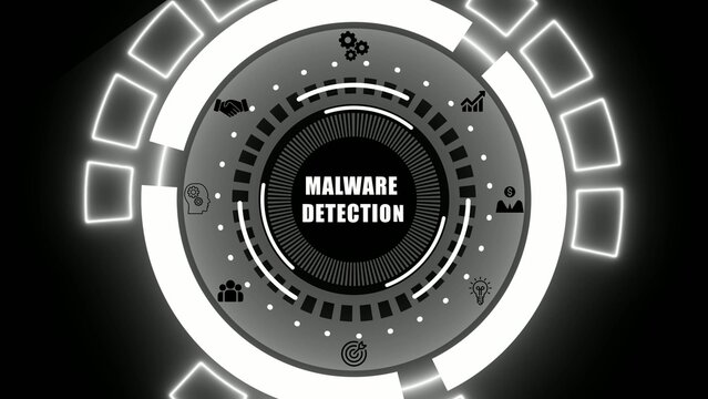 Malware detection circular interface with and glowing white lines on black background
