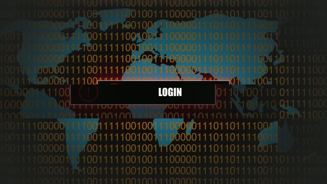 Map overlay with binary code and a login button in red and Generate title without using the word "Title:" before it. black
