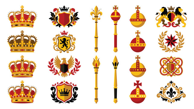 Flat design royal collection featuring ornate crowns shields scepters orbs and heraldry art.