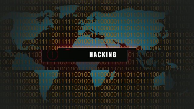 Map overlay with binary code and a red hacking alert button Generate title without using the word "Title:" before it