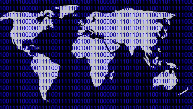 Map silhouette filled with blue binary code digits on a dark Generate title without using the word "Title:" before it. background globe