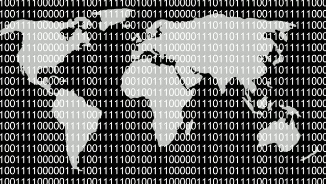 Map silhouette filled with Generate title without using the word "Title:" before it. white binary code digits on a black background globe