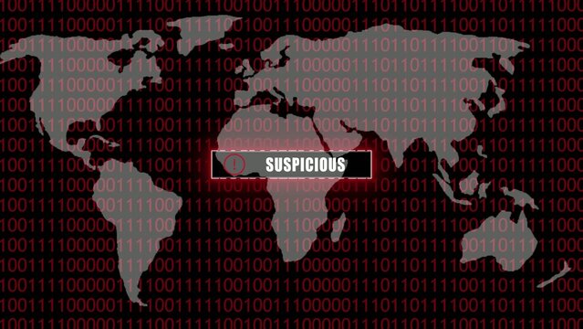 Map with Africa highlighted and red digital binary code Generate title without using the word "Title:" before it. background showing suspicious warning