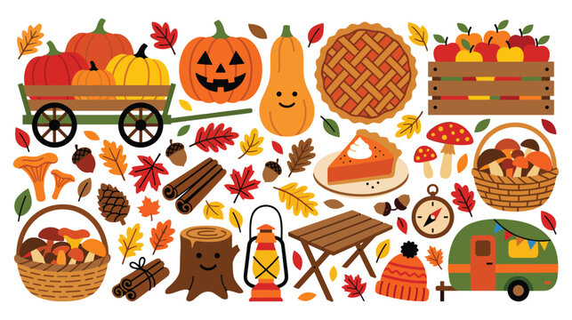 Autumn harvest and thanksgiving icons with pumpkins pie apples basket and camping equipment.