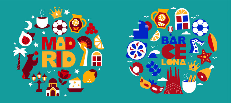 Geometrica Madrid and Barcelona Round Travel Compositions with Spanish Cultural Symbols
