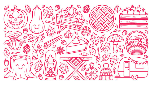 Red outline autumn icons set with pumpkins wheelbarrow pie mushrooms and camping gear icons.