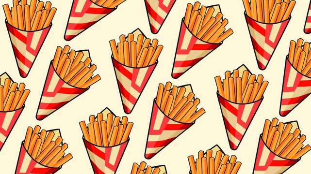 Seamless pattern featuring crispy French fries in striped paper cones on a soft beige background. Perfect for fast food, restaurant, takeaway, snack, street food, and culinary themed video footage.