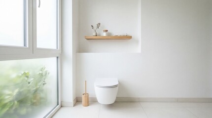 Fototapeta premium Minimalist White Toilet With Light Oak Wood Floating Shelf In Bright Serene Modern Bathroom Interior