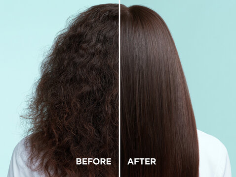 縮毛矯正によるビフォーアフターとツヤ髪を表現したヘアケアイメージ