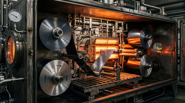 Automated continuous baking industrial oven drying large reels of coated electrode foils in modern factory