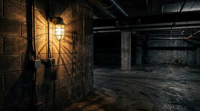Inside a dark urban parking basement featuring a single industrial bulkhead lamp with protective cage