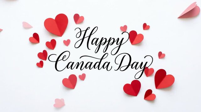 Animated "Happy Canada Day" text with red paper hearts floating on a white background.