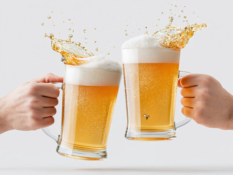 白背景で乾杯するビールジョッキと飛び散る泡