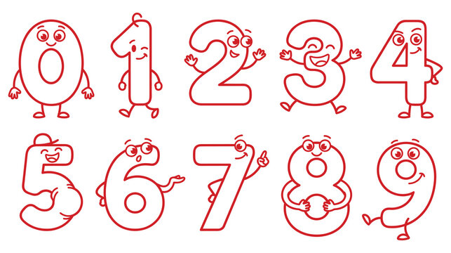 Cute cartoon numbers set from zero to nine with funny faces for kids educational design.