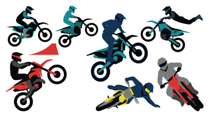Extreme motocross riders performing stunts and jumps on motorcycles isolated on background. © jubayer95