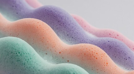 Obraz premium Soft pastel foam waves with air bubbles create dreamy abstract background. Gentle curves in mint, peach, purple, pink tones offer soothing aesthetic. Smooth gradient transitions form delicate light