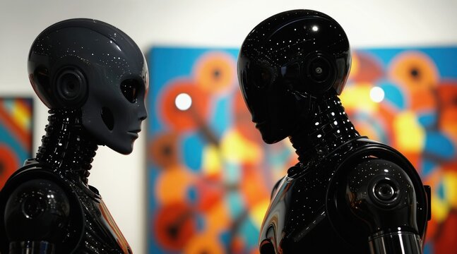 Two robots face in art gallery. One grey alien-like head, smooth black body. Entirely black with glowing white dots. Colorful abstract art hangs on wall behind. Scene appears to futuristic art
