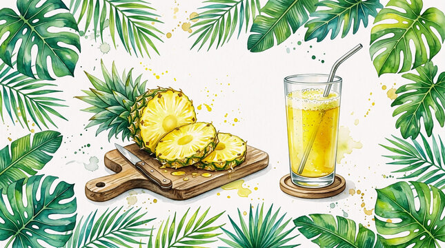 A beautiful watercolor painting featuring a glass of pineapple juice with a metal straw, alongside sliced pineapple on a wooden cutting board, framed by tropical palm and monstera leaves.
