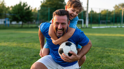 Naklejka premium Father and Son Playing Soccer: A joyful father gives his son a piggyback ride on a grassy field, both smiling and holding a soccer ball, embodying family fun and an active lifestyle.