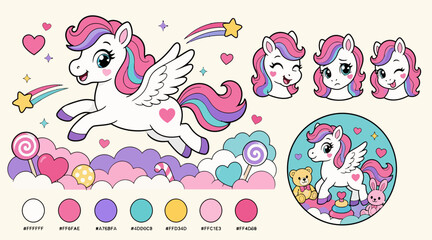 Colorful cartoon unicorn with rainbow mane and wings. © Tresno