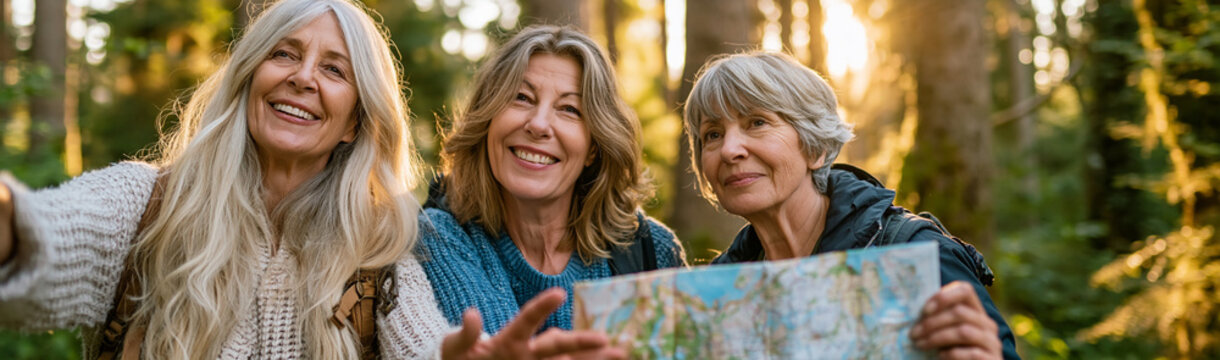 Friends Navigating Nature: Three smiling senior women explore a sun-dappled forest, one holding a map, embodying adventure and shared joy in the great outdoors.