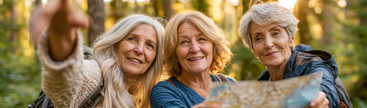 Navigating Nature: Three smiling senior women with long grey and blonde hair hold a map and explore a sun-dappled forest, their faces lit with joy and the spirit of adventure.