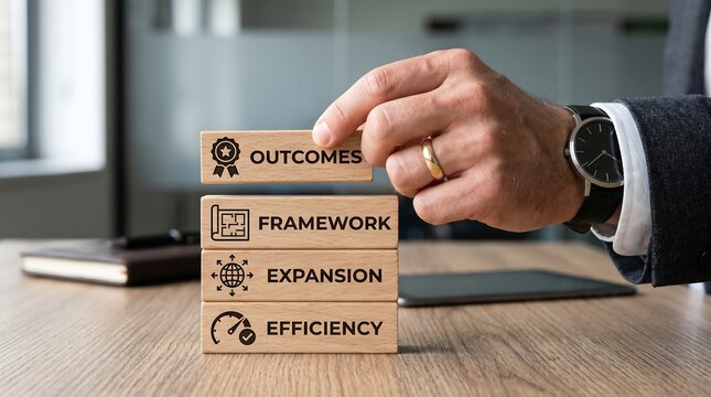 Business strategy concept with hand placing wooden block labeled outcomes on top of framework expansion efficiency