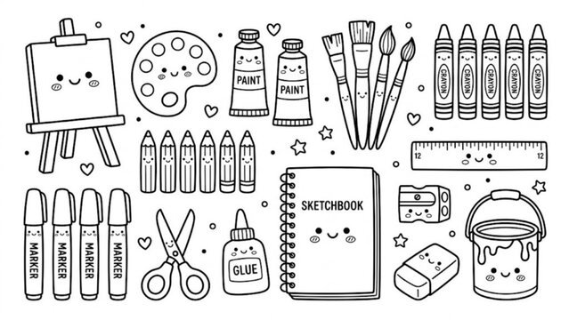 Cute Kawaii Art Supplies Line Art Vector Set Paint Brushes, Crayons, Pencils, and Creative School Tools