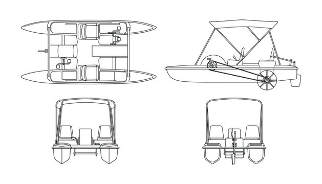 Line drawing of pontoon boat showing top front side and rear views on transparent background vector recreational.