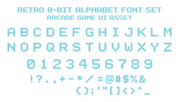 Retro 8 bit alphabet font set light blue pixel characters numbers symbols arcade game asset transparent background.