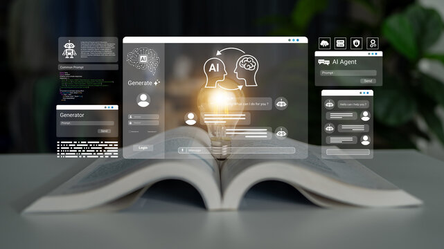 This image showcases an open book with digital elements representing artificial intelligence, emphasizing the fusion of traditional learning and modern technology in a creative workspace. Ledger