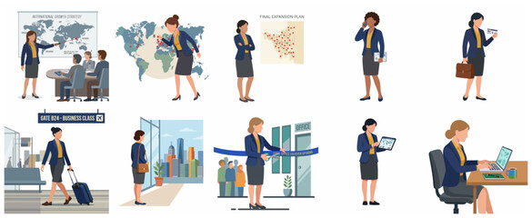 Fototapeta premium Professional Businesswoman Character Set in Various Corporate Scenarios Including International Growth, Travel, Ribbon Cutting, and Office Work