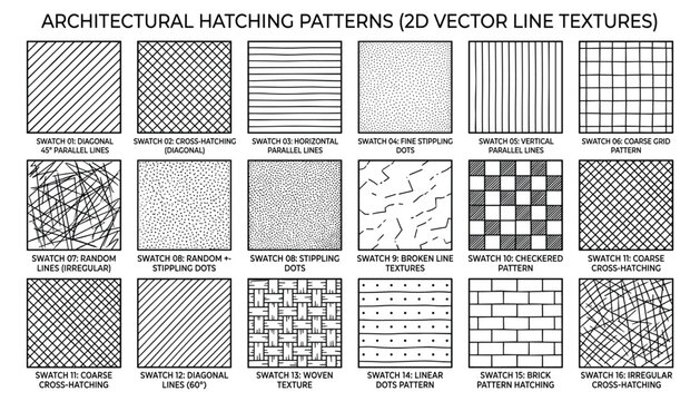 Architectural hatching patterns vector line textures: diagonal 45 parallel lines, cross-hatching, horizontal parallel lines, fine stippling dots, vertical parallel lines.