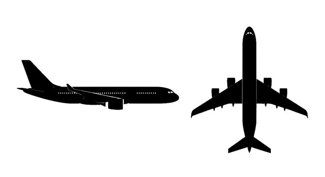 Minimal black silhouette icon, simple flat vector, bold black shape, no, no shading silhouette of a commercial passenger airplane in side and top view on a, flat icon style