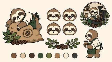 Naklejka premium Cute Sloth Characters Holding Coffee and Leaves.