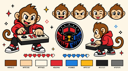 Cute cartoon monkey playing video games with controller. © biang