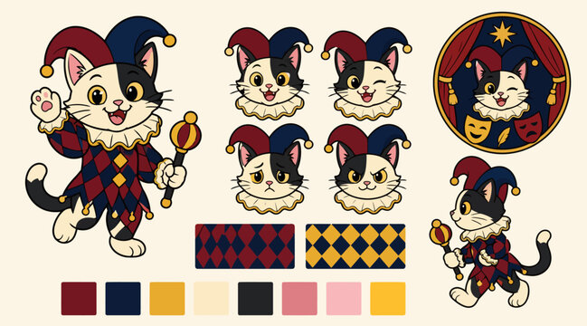 Colorful jester cat illustrations with patterns and accessories.