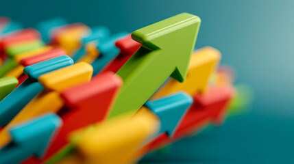 Fototapeta premium Arrow of Progress: A vibrant and dynamic arrangement of colorful arrows, with a prominent green arrow leading the charge, symbolizing growth, direction, and forward momentum.