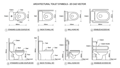 Naklejka premium Architectural toilet symbols 2d cad vector line drawings of different types standard close coupled wall hung and disabled access.