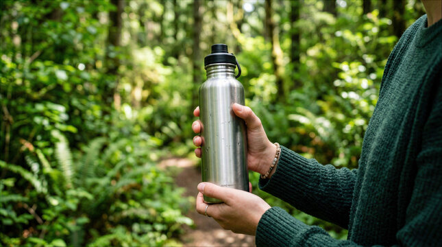 Person holding stainless steel reusable water bottle in lush green forest during outdoor hike.