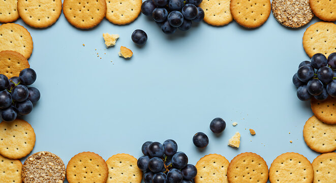 Crispy Cracker and Blueberry Border on Blue Background