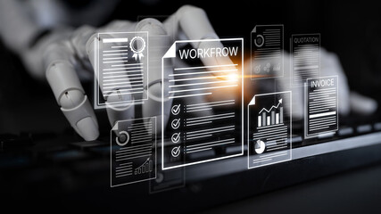 Obraz premium Robotic Hand Managing Digital Documents with Workflow, Quotation, Invoice Icons Displayed on Transparent Screens in Modern Workspace Environment. Bitwise.