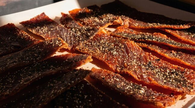 Threadfin fish jerky strips are drying with bushfood spices and sesame seeds. Savory snack food made from dried fish, seasoned for flavor. Traditional Australian bush tucker.