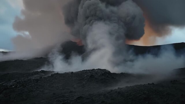 Dramatic volcanic eruption with dense smoke and lava flow in rugged volcanic landscape