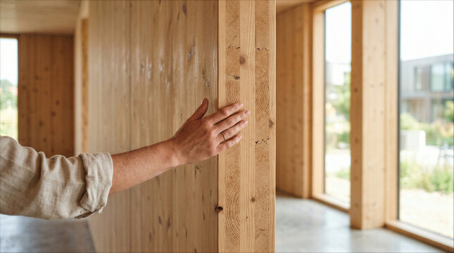 Woman's hand touching a cross-laminated timber CLT wall in a modern sustainable building interior
