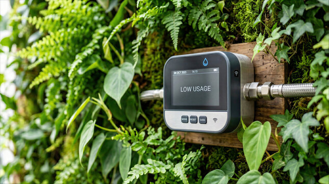 Smart digital water meter and irrigation controller monitoring water usage on a lush vertical green wall garden