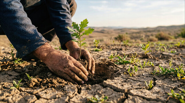 Hands planting a young oak sapling in dry cracked earth for reforestation and environmental conservation.