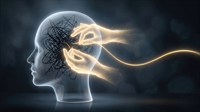 Conceptual 3D art of glowing hands untangling chaotic lines inside a transparent human head, symbolizing mental health therapy, psychology, and finding mental clarity.