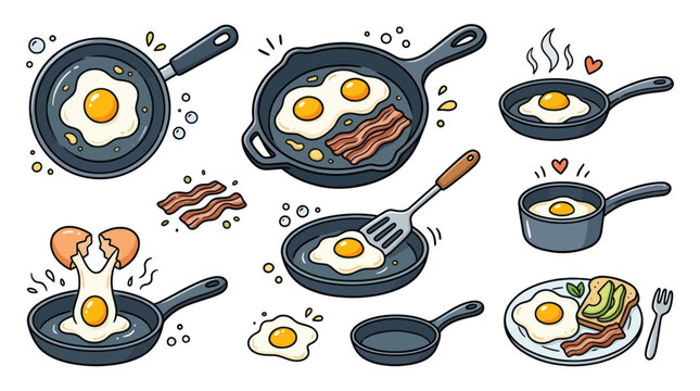 Breakfast Cooking: Fried Eggs and Bacon in Skillets, Cartoon Style